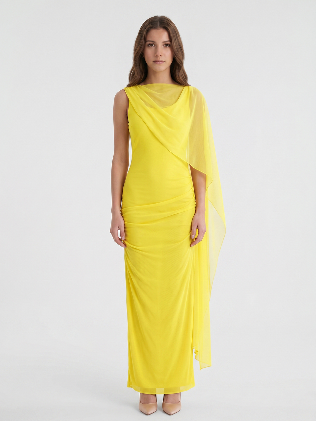 Lemon Chiffon A-Line Cowl Neck Backless Floor Bridesmaid Dress with 3D Flower