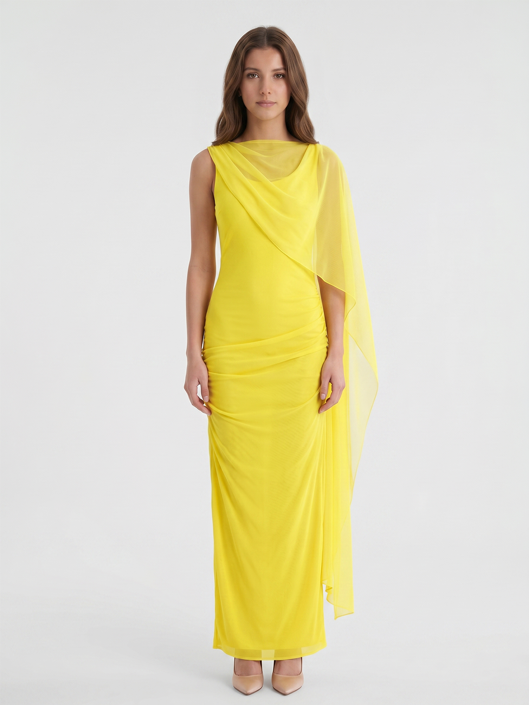 Lemon Chiffon A-Line Cowl Neck Backless Floor Bridesmaid Dress with 3D Flower