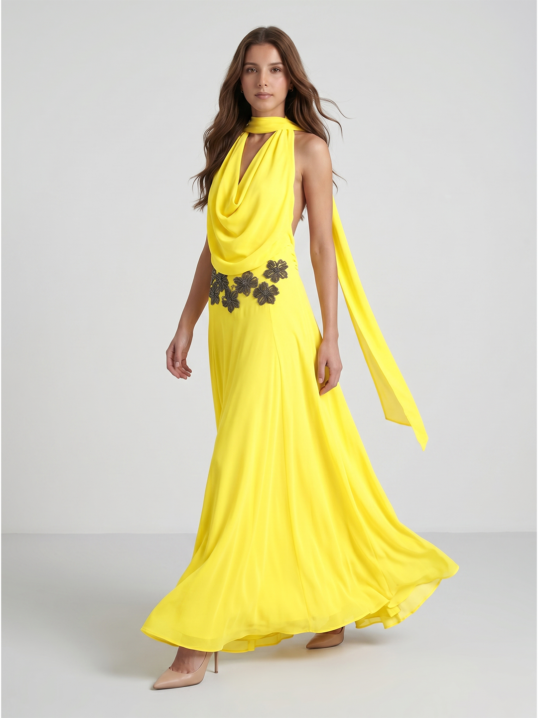 Lemon Chiffon A-Line Halter Backless Ankle Bridesmaid Dress with 3D Flower