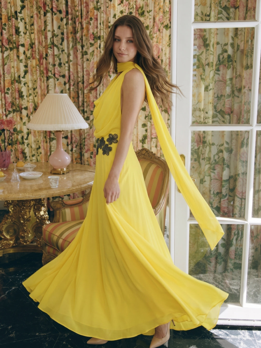 Lemon Chiffon A-Line Halter Backless Ankle Bridesmaid Dress with 3D Flower