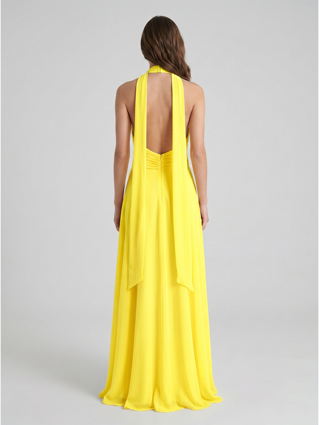 Lemon Chiffon A-Line Halter Backless Ankle Bridesmaid Dress with 3D Flower