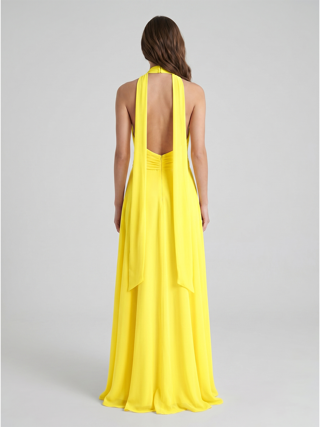 Lemon Chiffon A-Line Halter Backless Ankle Bridesmaid Dress with 3D Flower