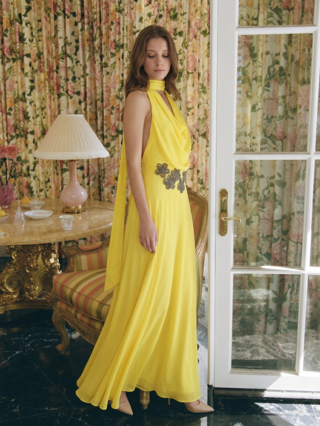 Lemon Chiffon A-Line Halter Backless Ankle Bridesmaid Dress with 3D Flower