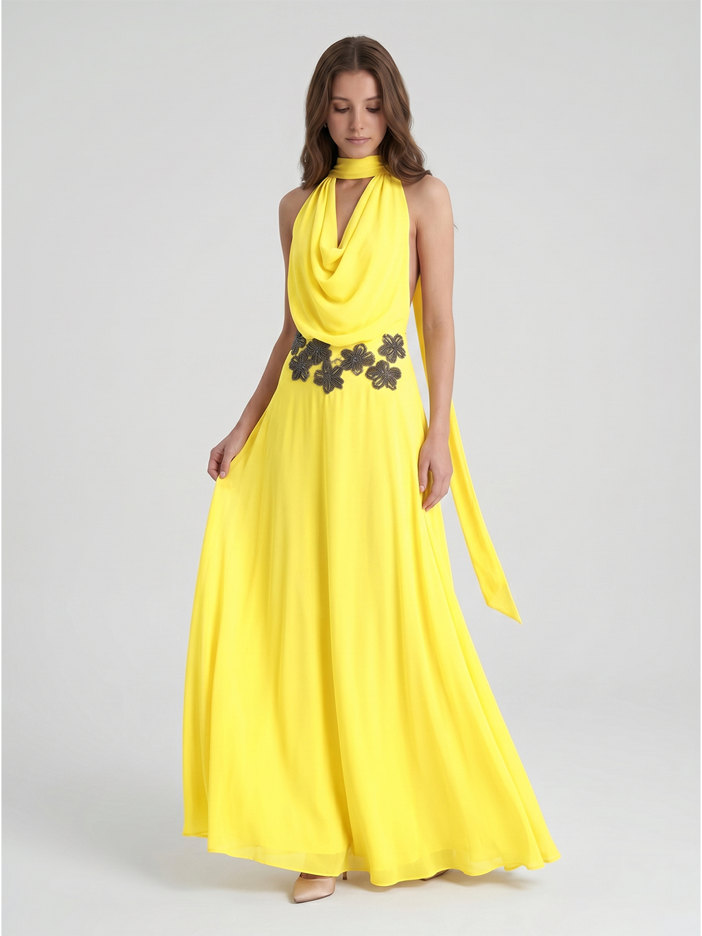 Lemon Chiffon A-Line Halter Backless Ankle Bridesmaid Dress with 3D Flower