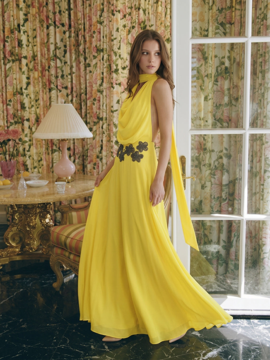 Lemon Chiffon A-Line Halter Backless Ankle Bridesmaid Dress with 3D Flower
