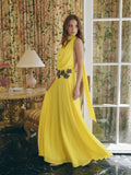 Lemon Chiffon A-Line Halter Backless Ankle Bridesmaid Dress with 3D Flower