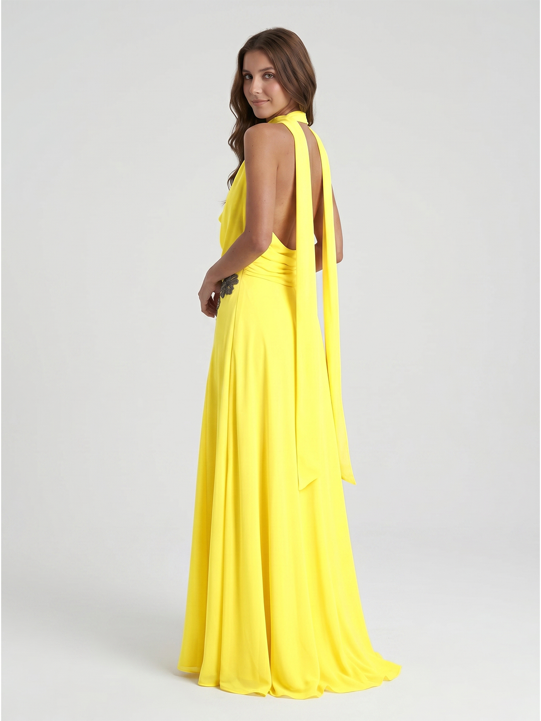 Lemon Chiffon A-Line Halter Backless Ankle Bridesmaid Dress with 3D Flower