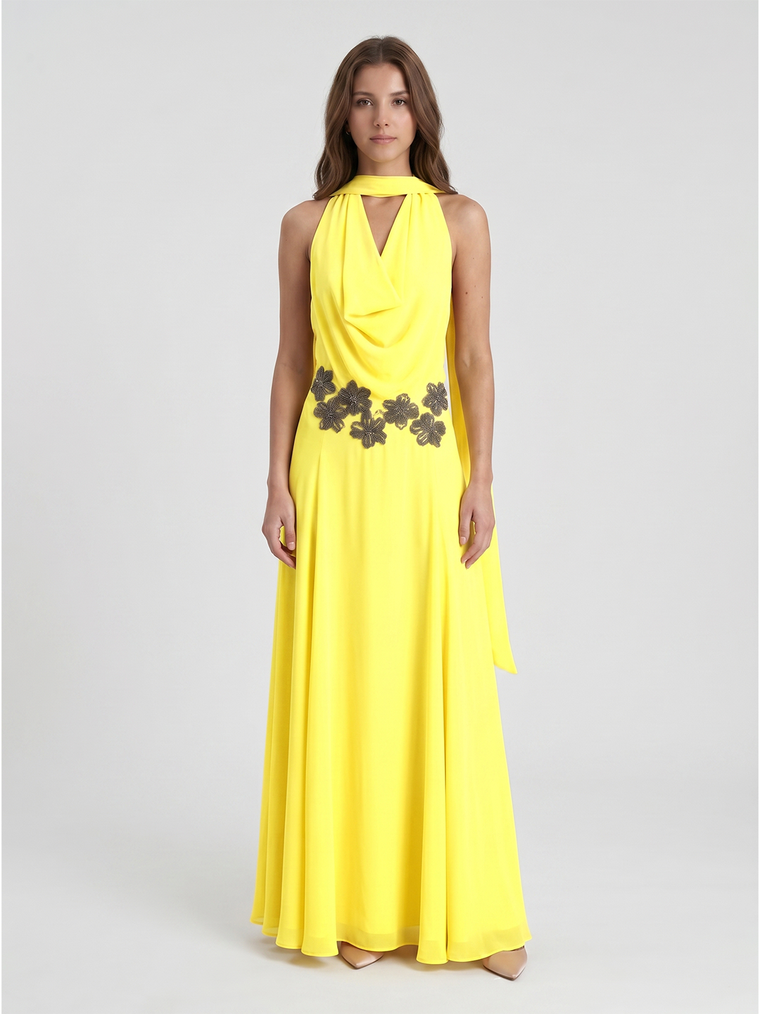 Lemon Chiffon A-Line Halter Backless Ankle Bridesmaid Dress with 3D Flower