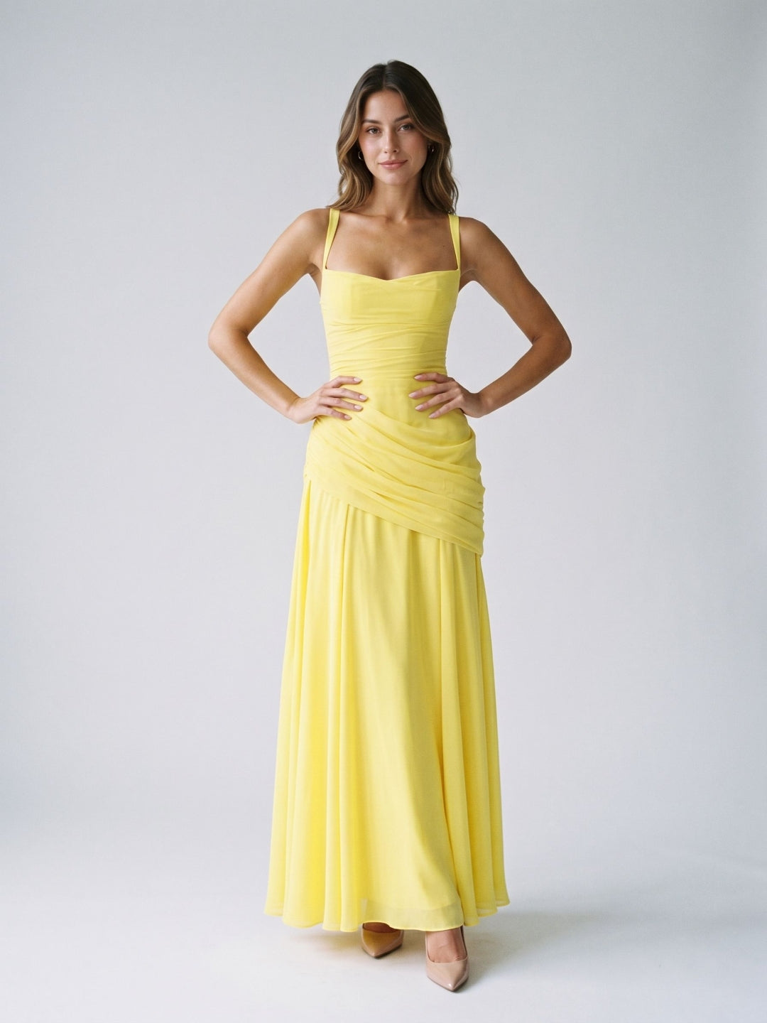 Lemon Chiffon A-Line Square Neck Criss-Cross Straps Floor-Length Formal Dress with Pleating