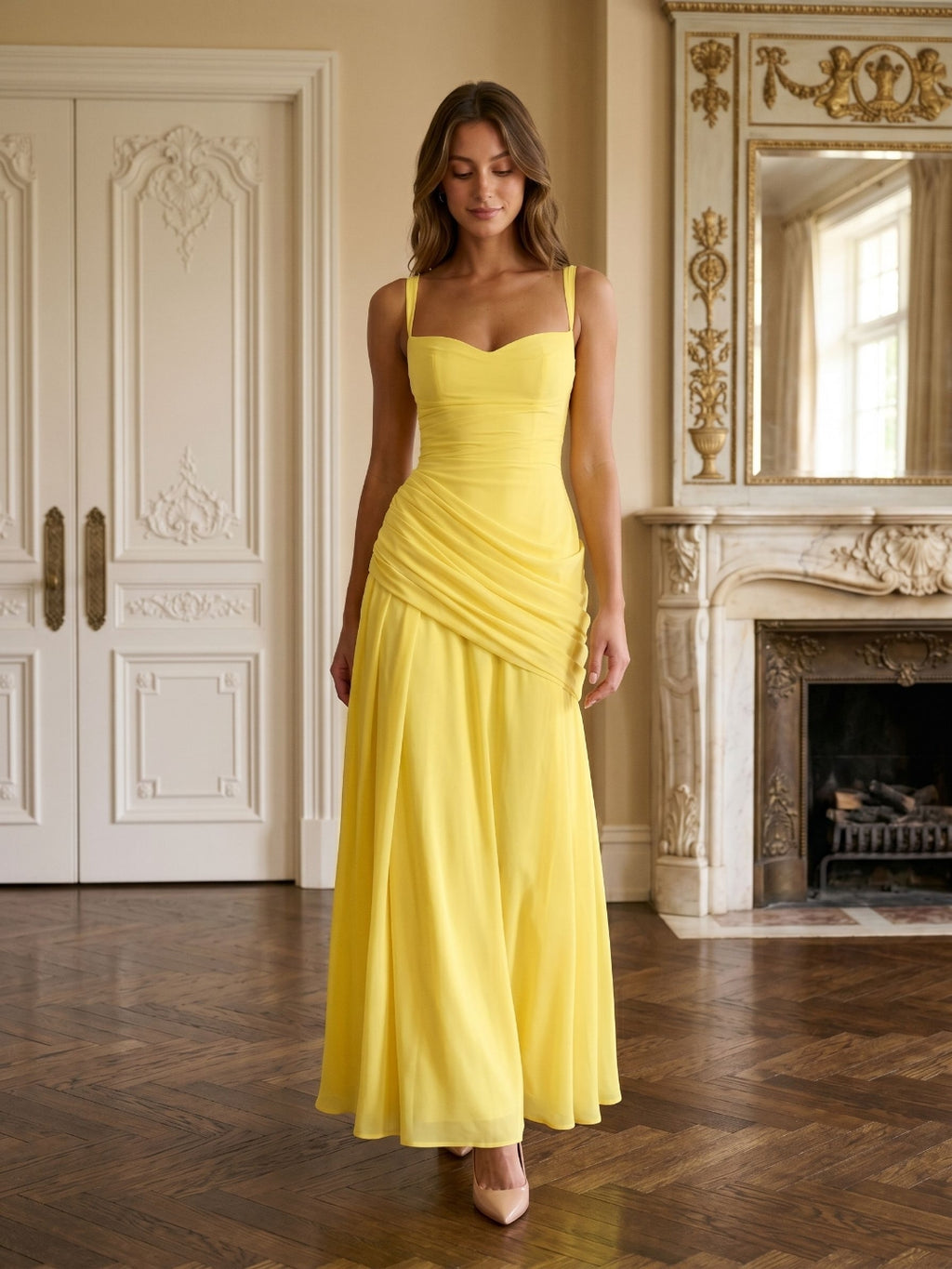 Lemon Chiffon A-Line Square Neck Criss-Cross Straps Floor-Length Formal Dress with Pleating