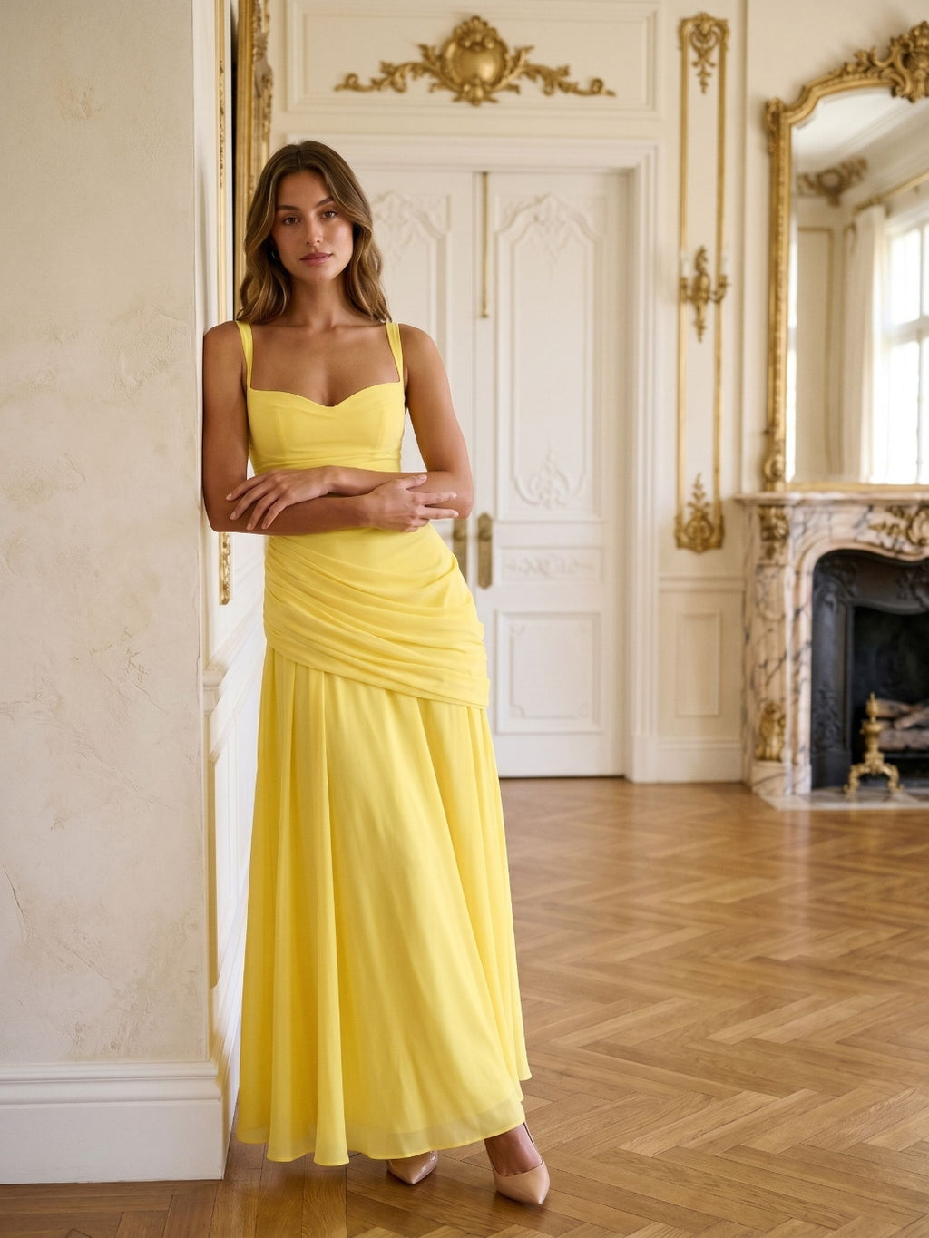 Lemon Chiffon A-Line Square Neck Criss-Cross Straps Floor-Length Formal Dress with Pleating