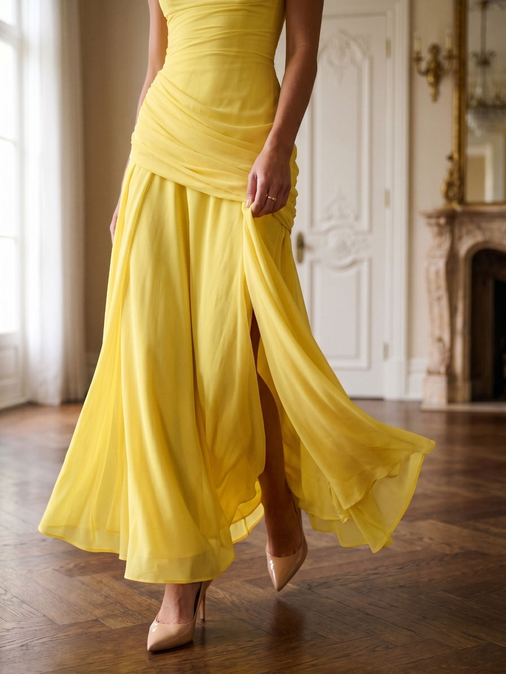 Lemon Chiffon A-Line Square Neck Criss-Cross Straps Floor-Length Formal Dress with Pleating