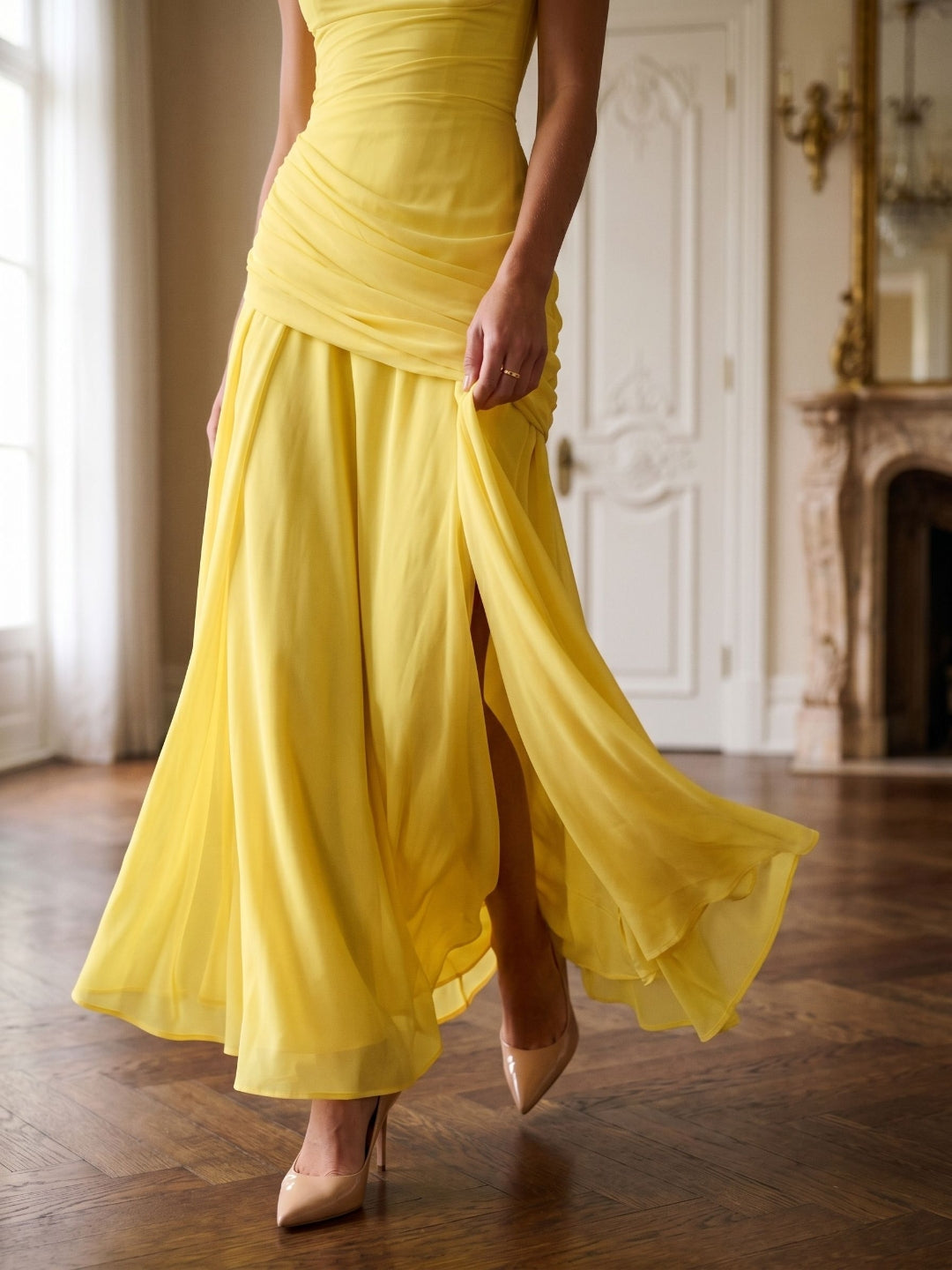 Lemon Chiffon A-Line Square Neck Criss-Cross Straps Floor-Length Formal Dress with Pleating