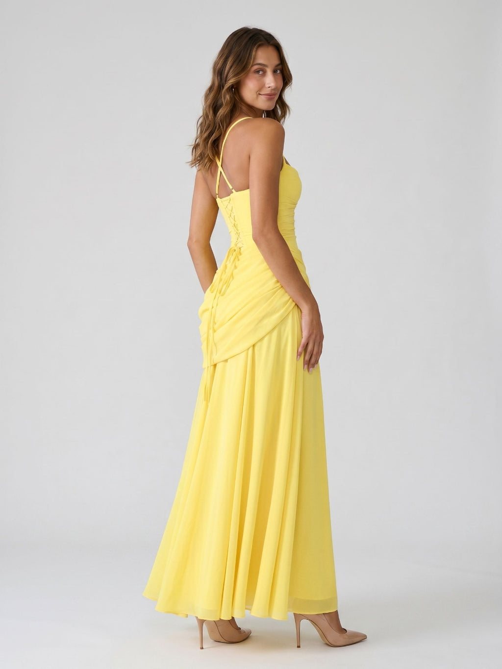 Lemon Chiffon A-Line Square Neck Criss-Cross Straps Floor-Length Formal Dress with Pleating