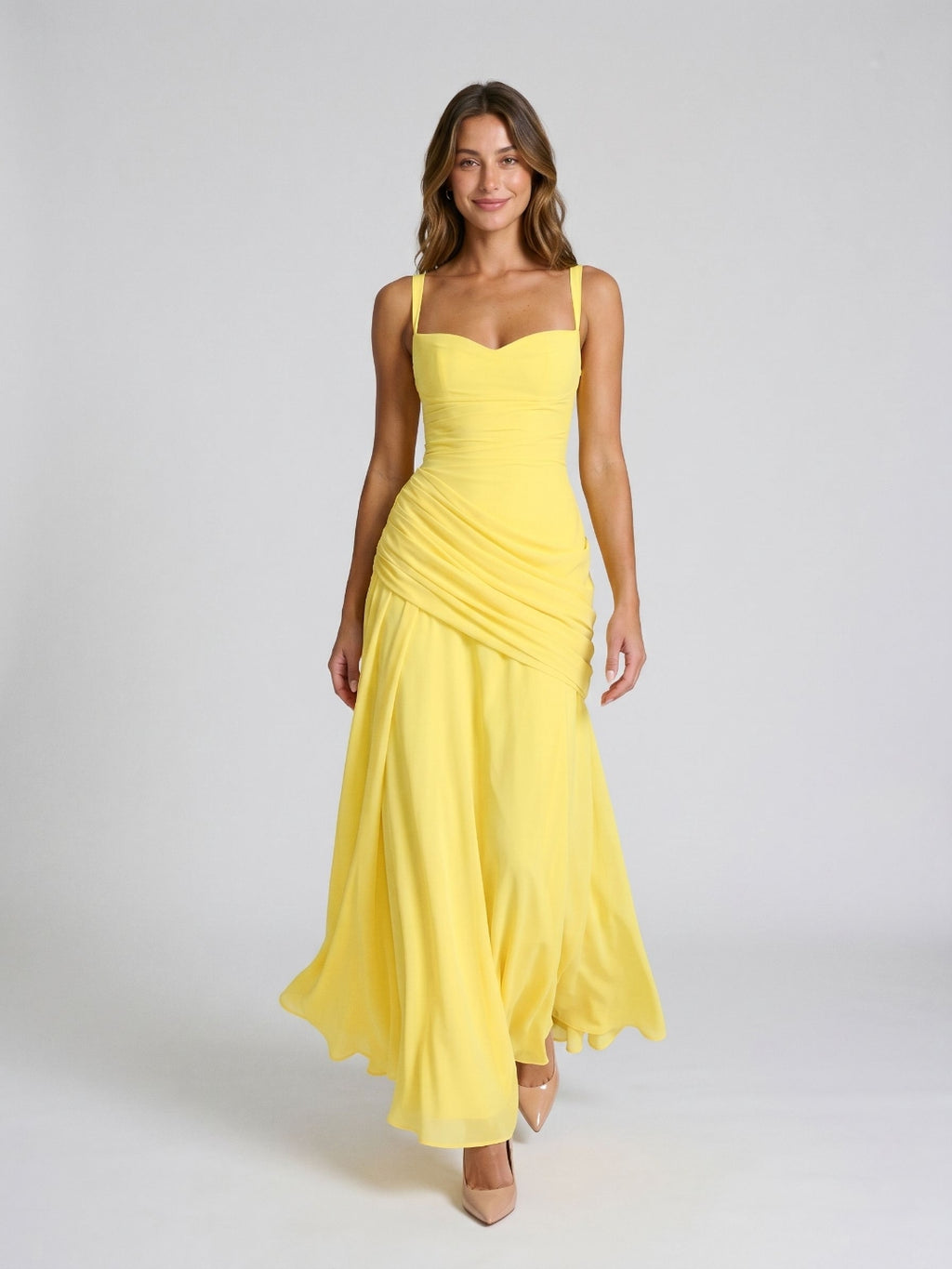 Lemon Chiffon A-Line Square Neck Criss-Cross Straps Floor-Length Formal Dress with Pleating