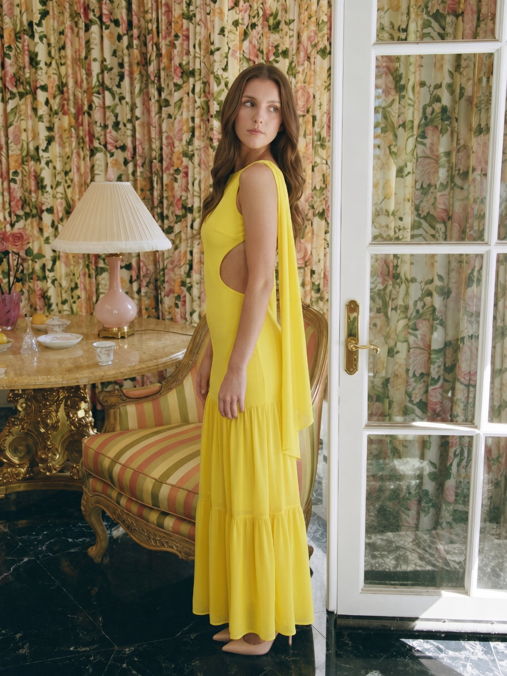 Lemon Chiffon A-Line Straight Neck Backless Floor-Length Bridesmaid Dress with Cascading Ruffles