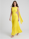 Lemon Chiffon A-Line Straight Neck Backless Floor-Length Bridesmaid Dress with Cascading Ruffles