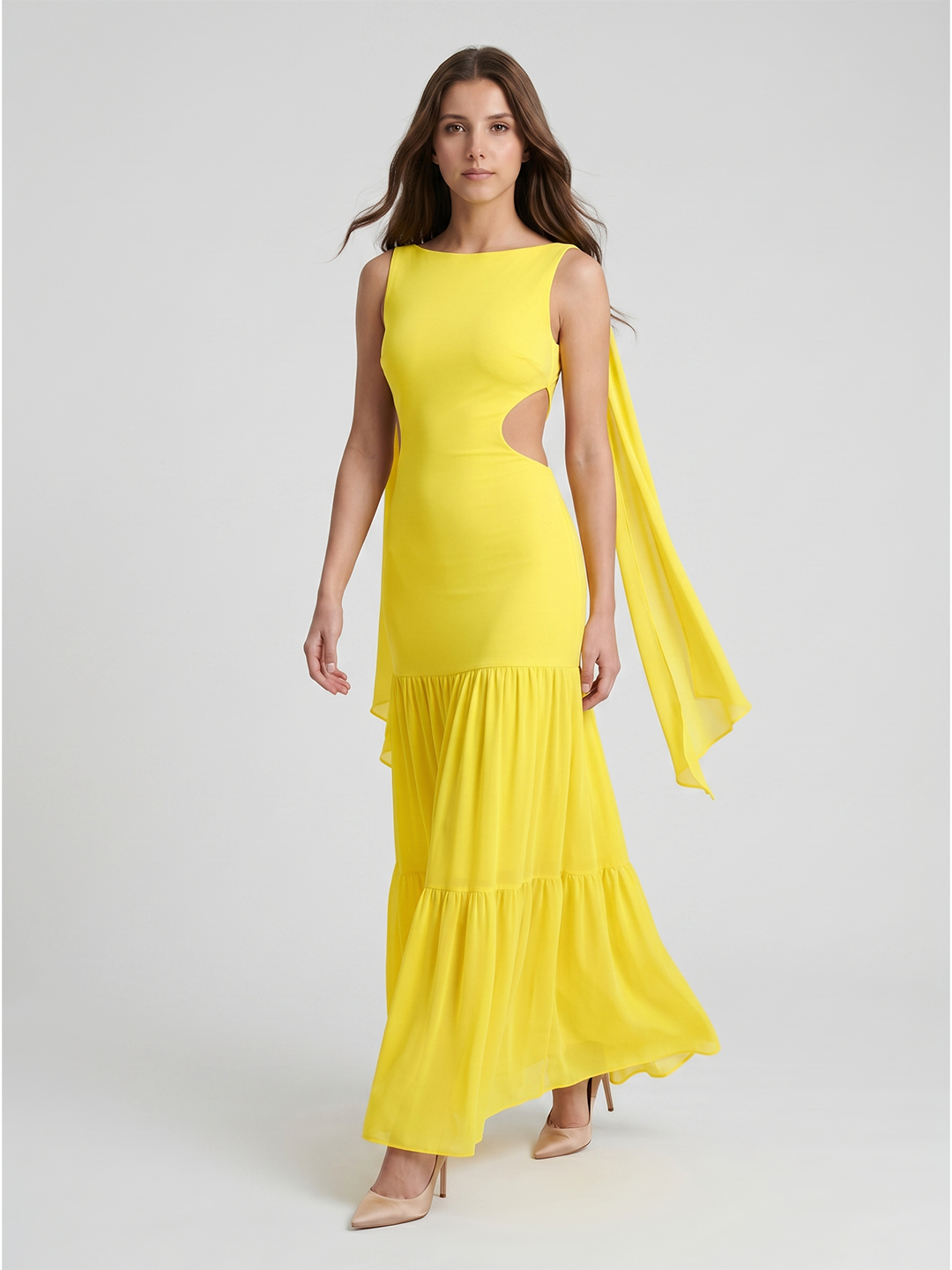 Lemon Chiffon A-Line Straight Neck Backless Floor-Length Bridesmaid Dress with Cascading Ruffles
