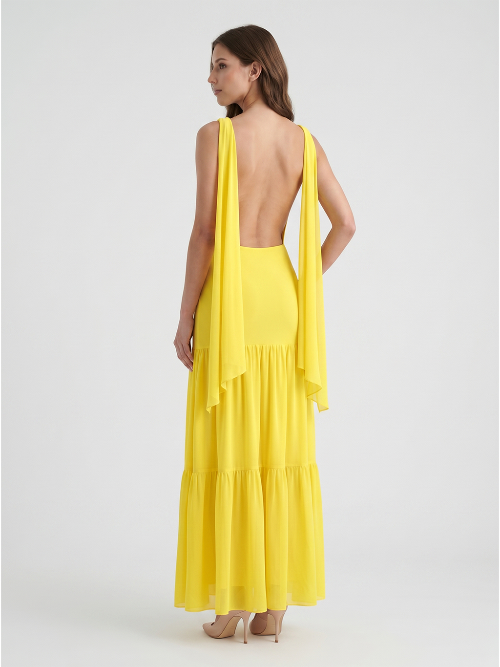 Lemon Chiffon A-Line Straight Neck Backless Floor-Length Bridesmaid Dress with Cascading Ruffles