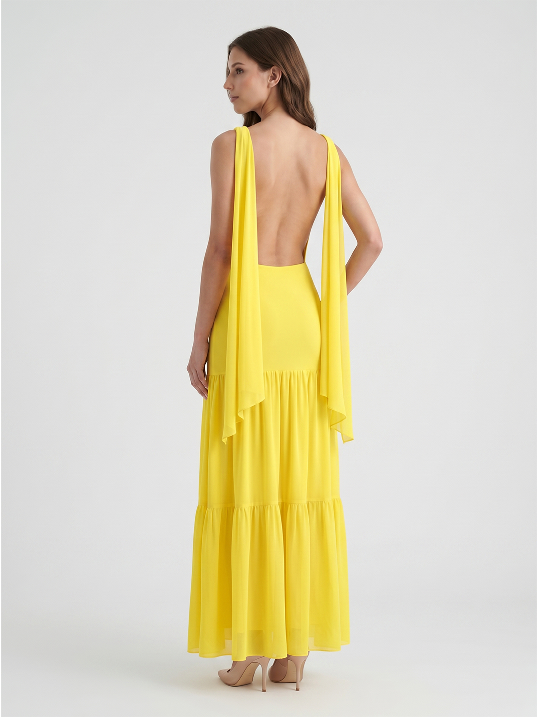 Lemon Chiffon A-Line Straight Neck Backless Floor-Length Bridesmaid Dress with Cascading Ruffles