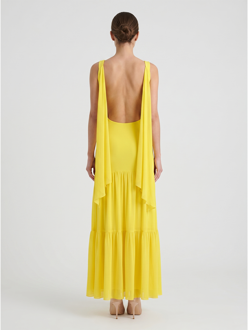 Lemon Chiffon A-Line Straight Neck Backless Floor-Length Bridesmaid Dress with Cascading Ruffles