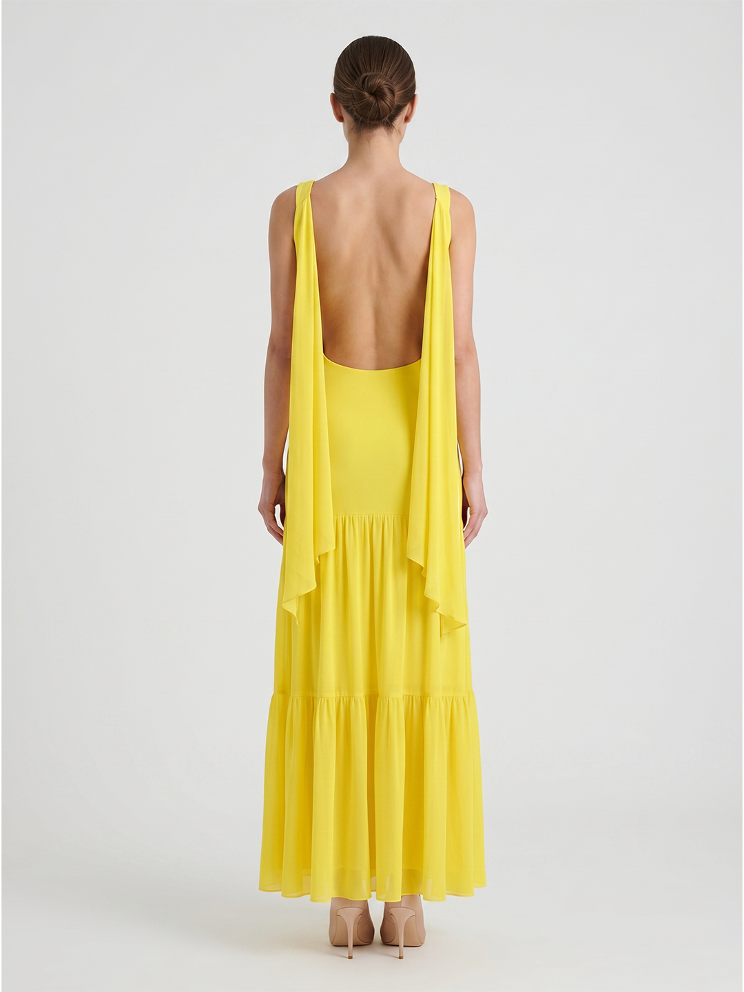 Lemon Chiffon A-Line Straight Neck Backless Floor-Length Bridesmaid Dress with Cascading Ruffles