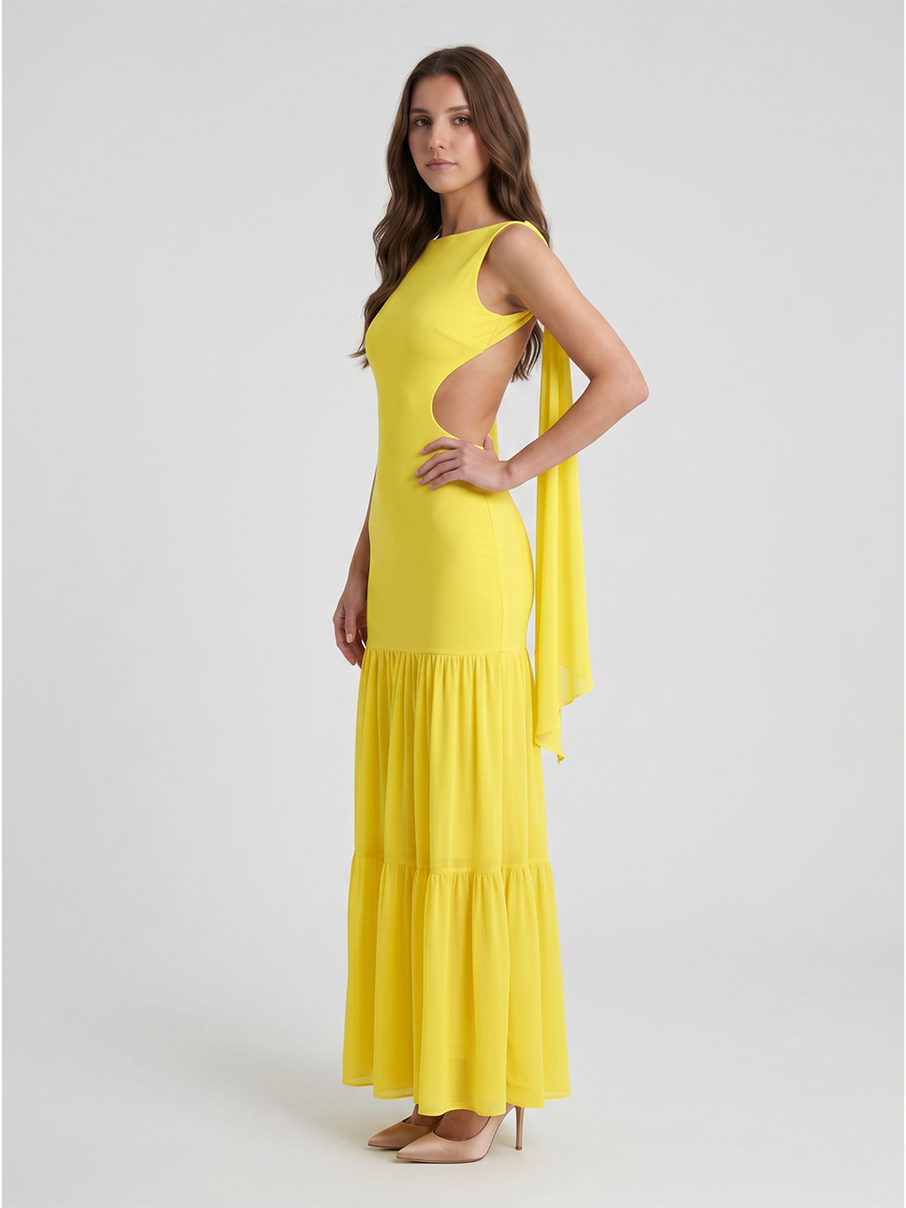 Lemon Chiffon A-Line Straight Neck Backless Floor-Length Bridesmaid Dress with Cascading Ruffles