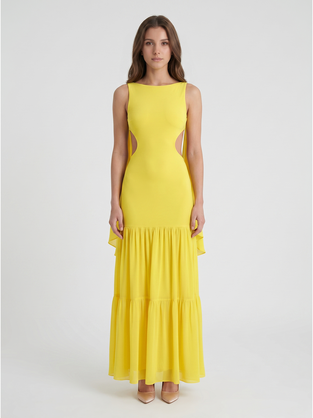 Lemon Chiffon A-Line Straight Neck Backless Floor-Length Bridesmaid Dress with Cascading Ruffles