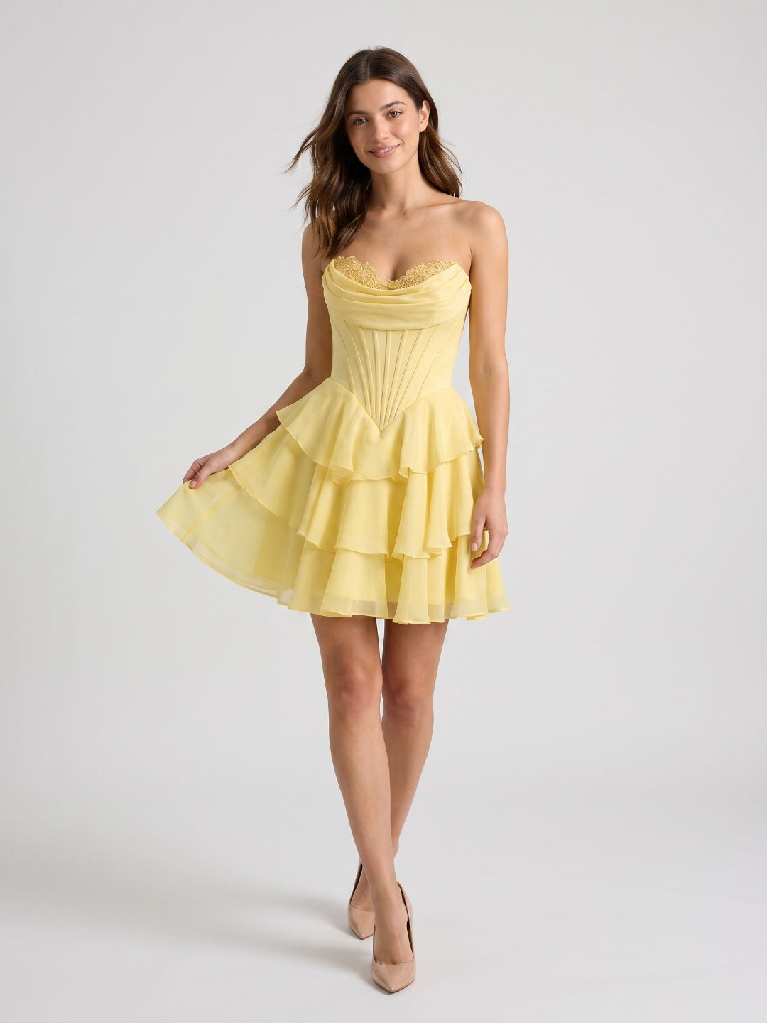 Lemon Chiffon A-Line Sweetheart Back Zip Mini Homecoming Dress with Pleats