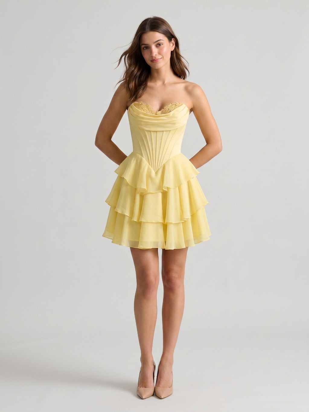 Lemon Chiffon A-Line Sweetheart Back Zip Mini Homecoming Dress with Pleats