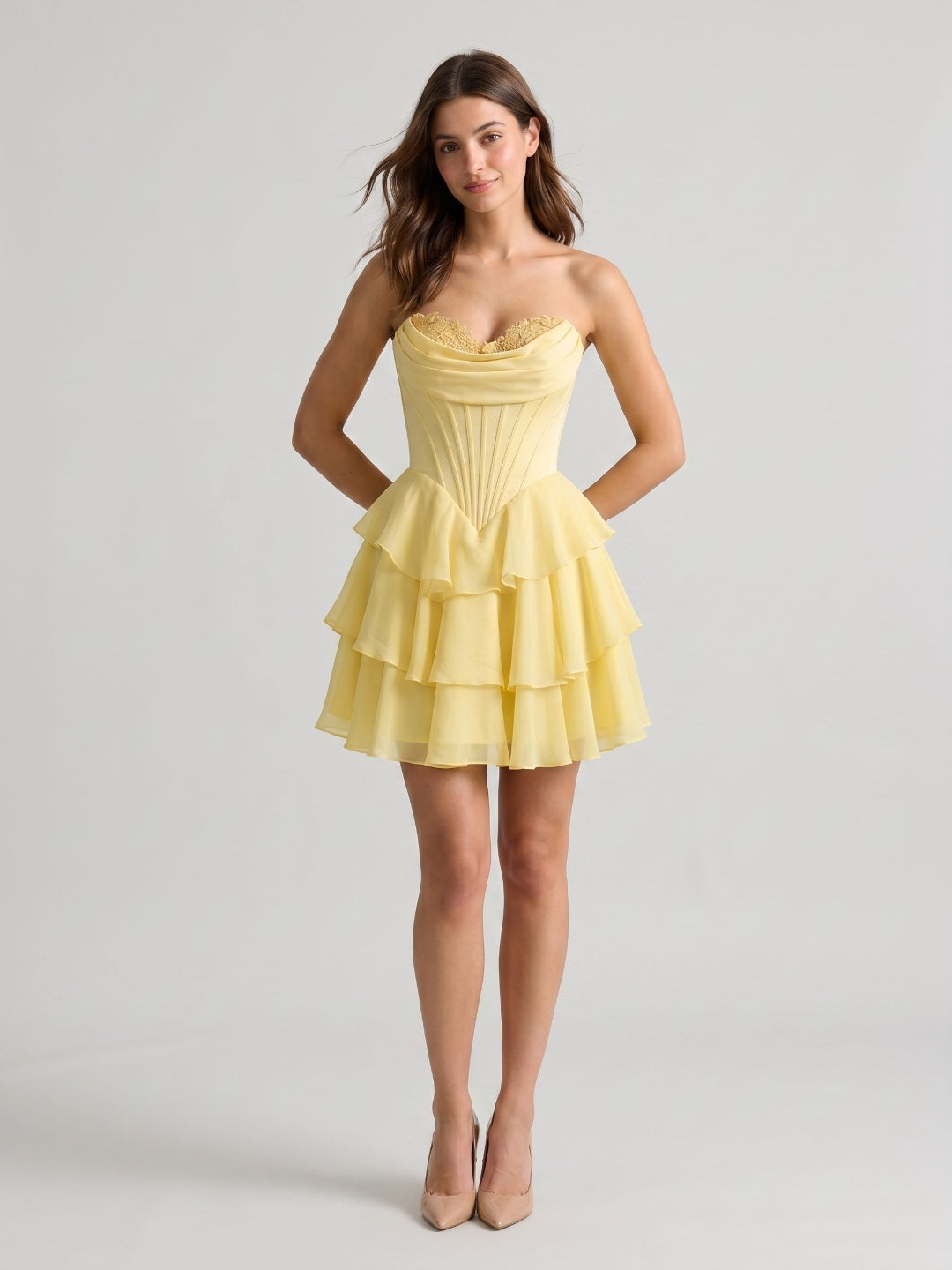 Lemon Chiffon A-Line Sweetheart Back Zip Mini Homecoming Dress with Pleats