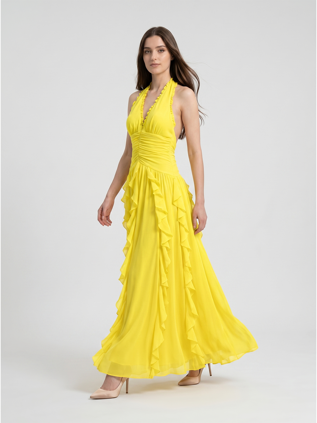 Lemon Chiffon A-Line V-Neck Backless Floor-Length Bridesmaid Dress with Ruffle