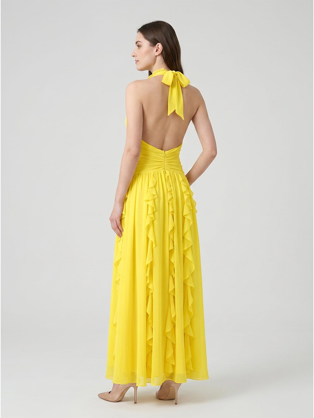 Lemon Chiffon A-Line V-Neck Backless Floor-Length Bridesmaid Dress with Ruffle