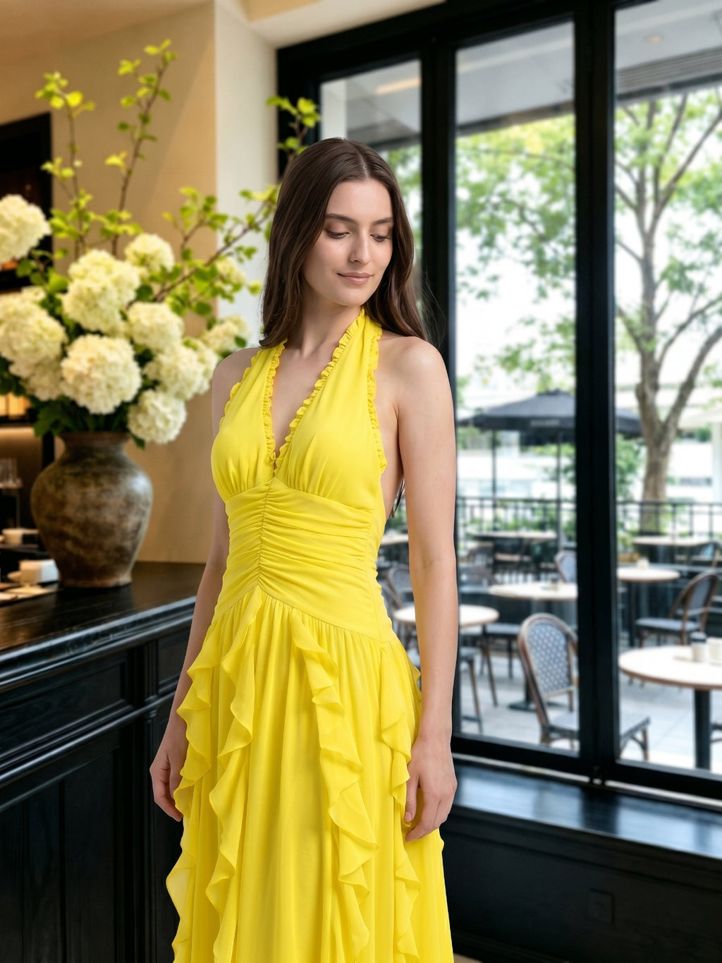Lemon Chiffon A-Line V-Neck Backless Floor-Length Bridesmaid Dress with Ruffle