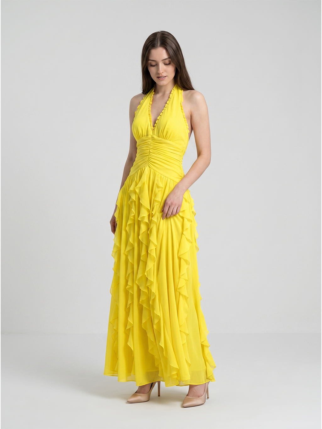 Lemon Chiffon A-Line V-Neck Backless Floor-Length Bridesmaid Dress with Ruffle
