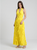 Lemon Chiffon A-Line V-Neck Backless Floor-Length Bridesmaid Dress with Ruffle