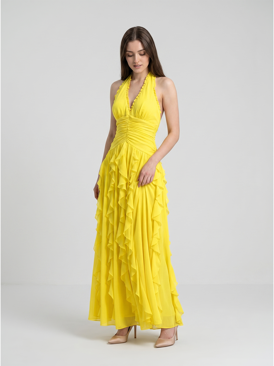 Lemon Chiffon A-Line V-Neck Backless Floor-Length Bridesmaid Dress with Ruffle