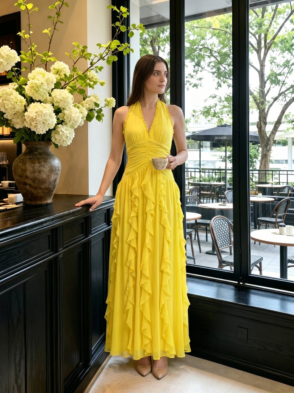 Lemon Chiffon A-Line V-Neck Backless Floor-Length Bridesmaid Dress with Ruffle