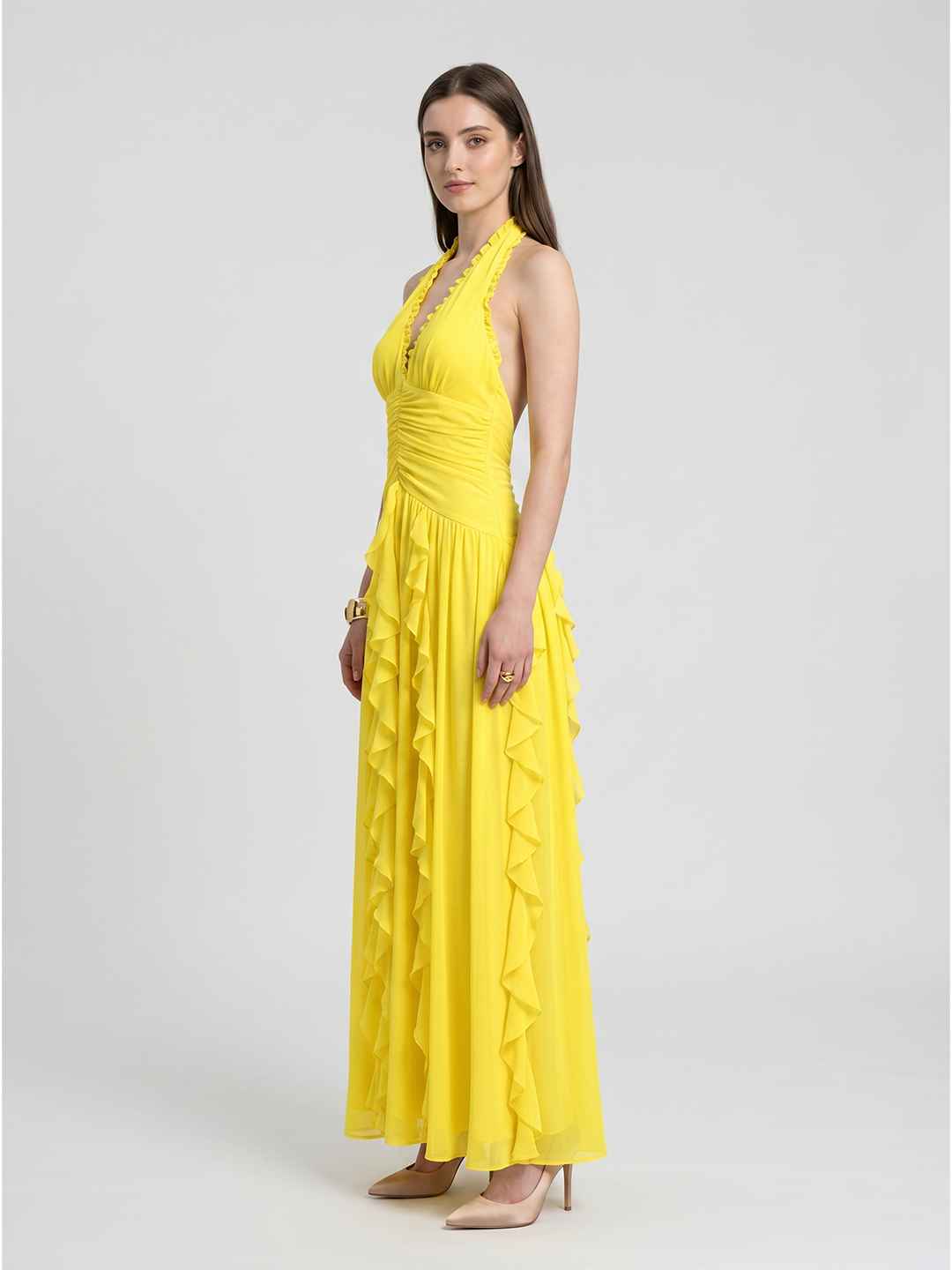 Lemon Chiffon A-Line V-Neck Backless Floor-Length Bridesmaid Dress with Ruffle