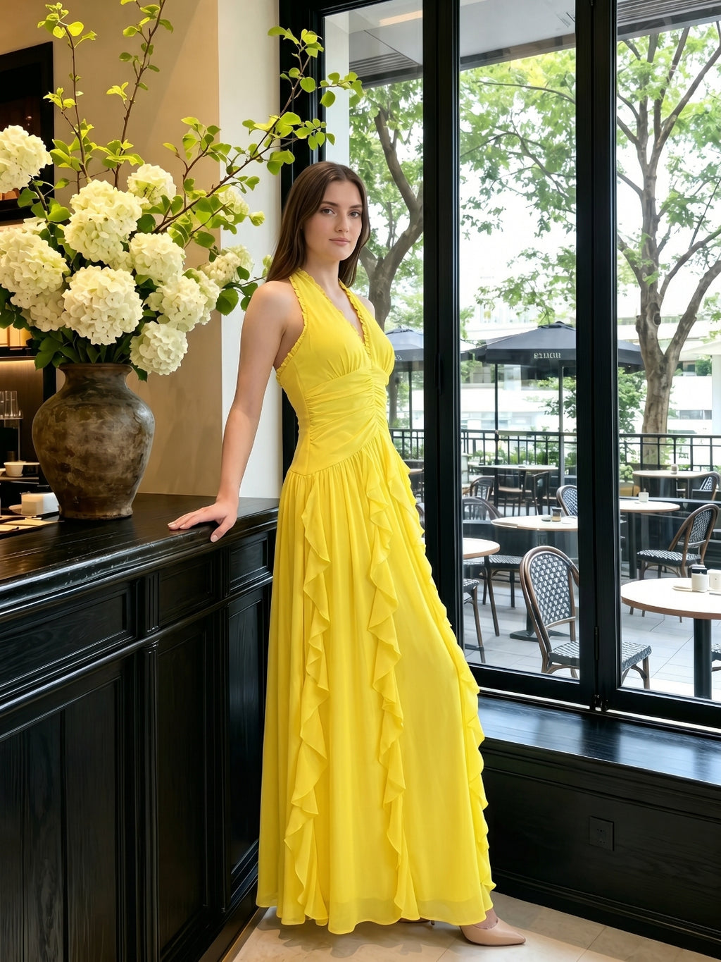 Lemon Chiffon A-Line V-Neck Backless Floor-Length Bridesmaid Dress with Ruffle
