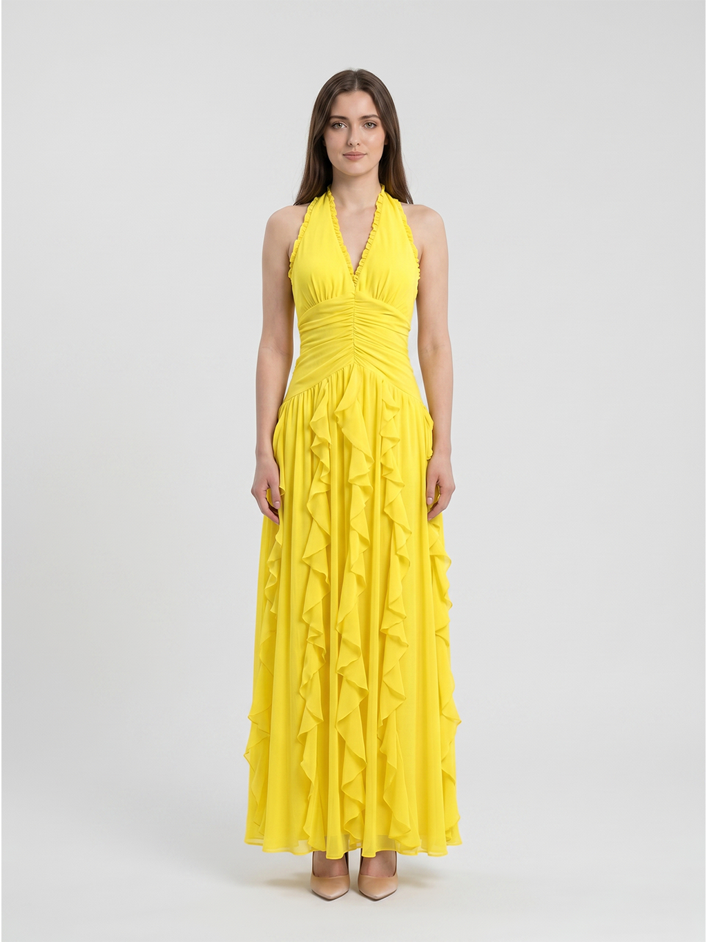 Lemon Chiffon A-Line V-Neck Backless Floor-Length Bridesmaid Dress with Ruffle