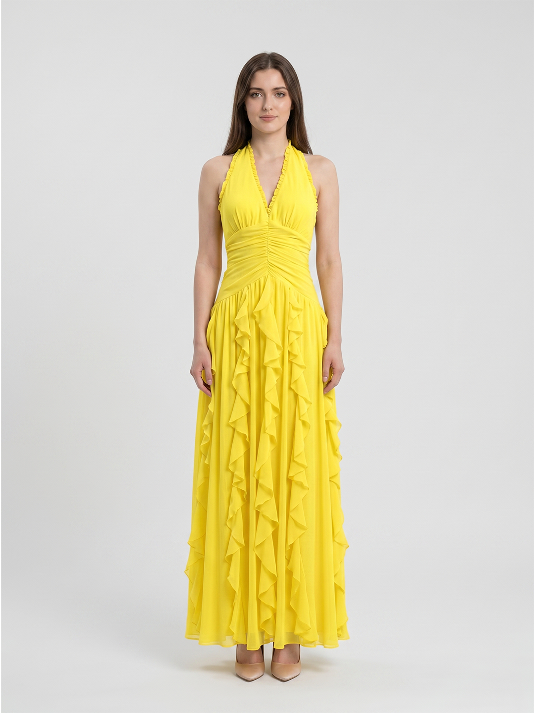 Lemon Chiffon A-Line V-Neck Backless Floor-Length Bridesmaid Dress with Ruffle