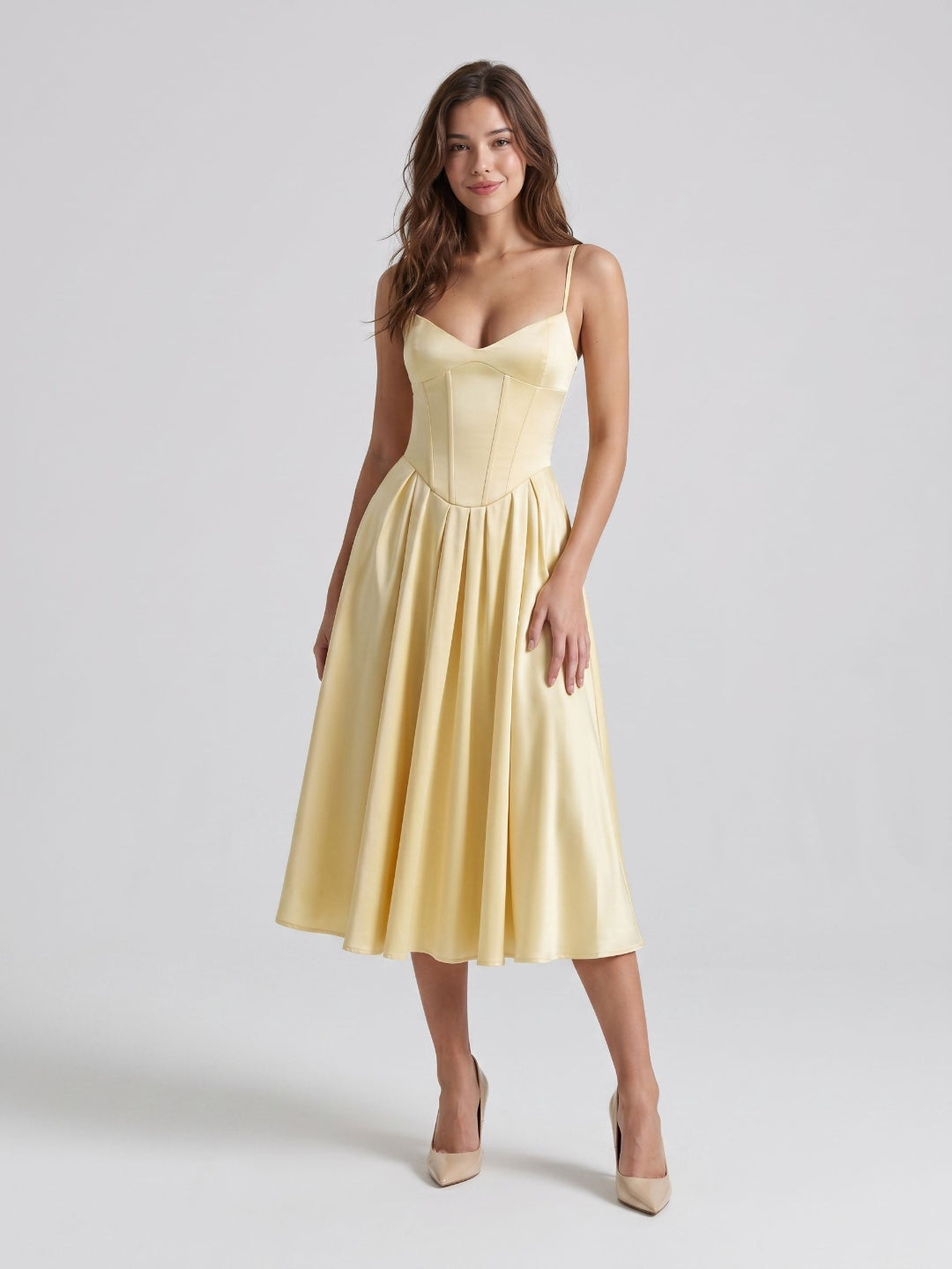 Lemon Chiffon A-Line V-Neck Corset Back Tea-Length Formal Dress with Pleating