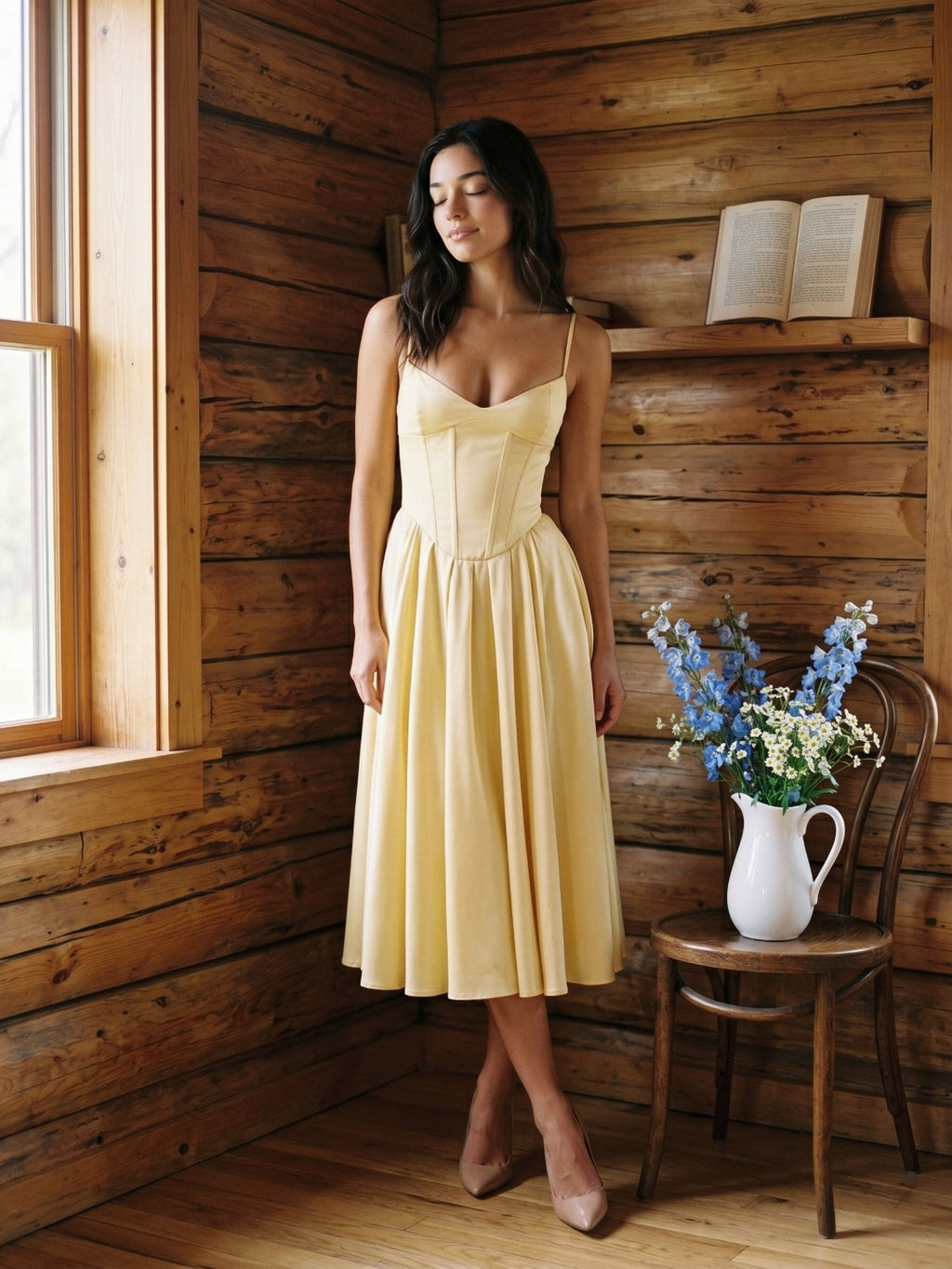 Lemon Chiffon A-Line V-Neck Corset Back Tea-Length Formal Dress with Pleating