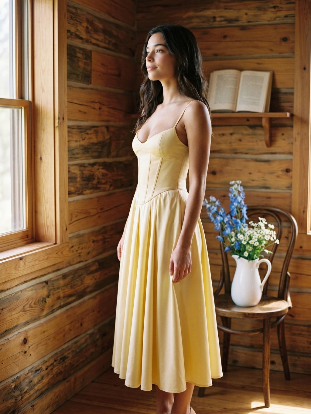 Lemon Chiffon A-Line V-Neck Corset Back Tea-Length Formal Dress with Pleating