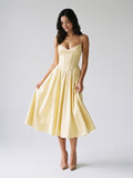 Lemon Chiffon A-Line V-Neck Corset Back Tea-Length Formal Dress with Pleating