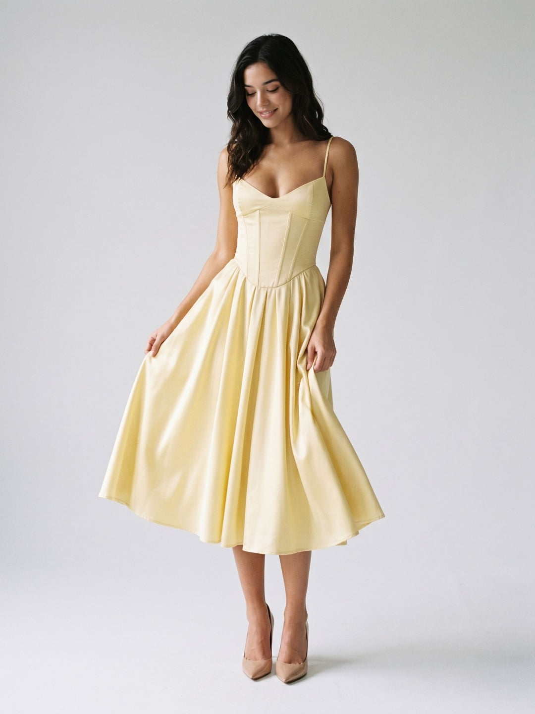 Lemon Chiffon A-Line V-Neck Corset Back Tea-Length Formal Dress with Pleating