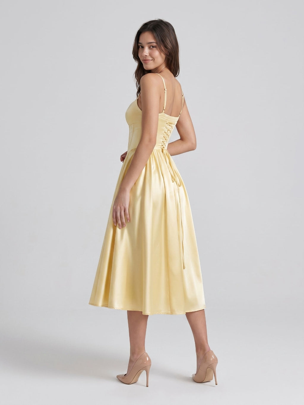 Lemon Chiffon A-Line V-Neck Corset Back Tea-Length Formal Dress with Pleating