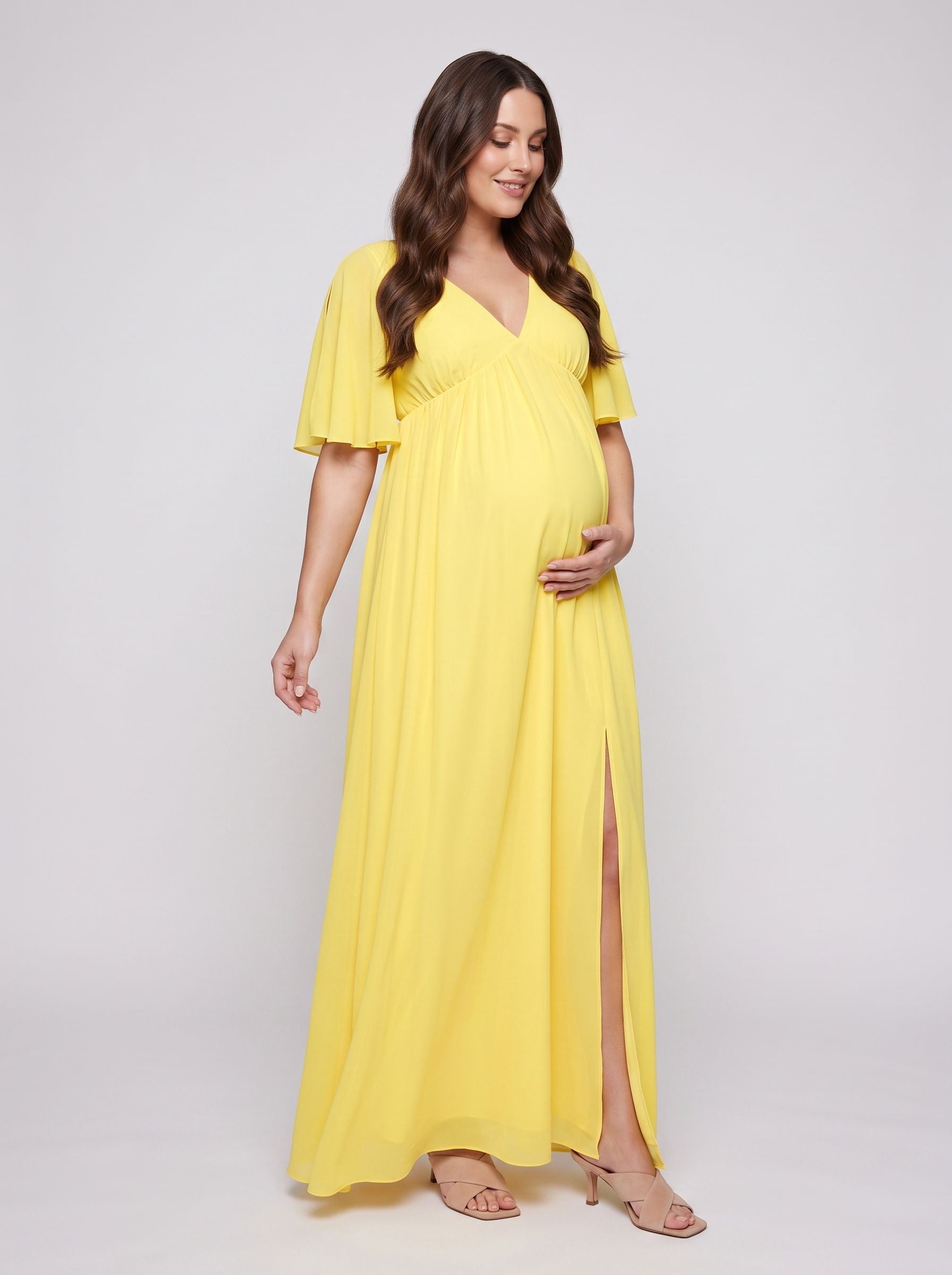 Lemon Chiffon A-Line V-Neck V-Back Ankle-Length Maternity Bridesmaid Dress