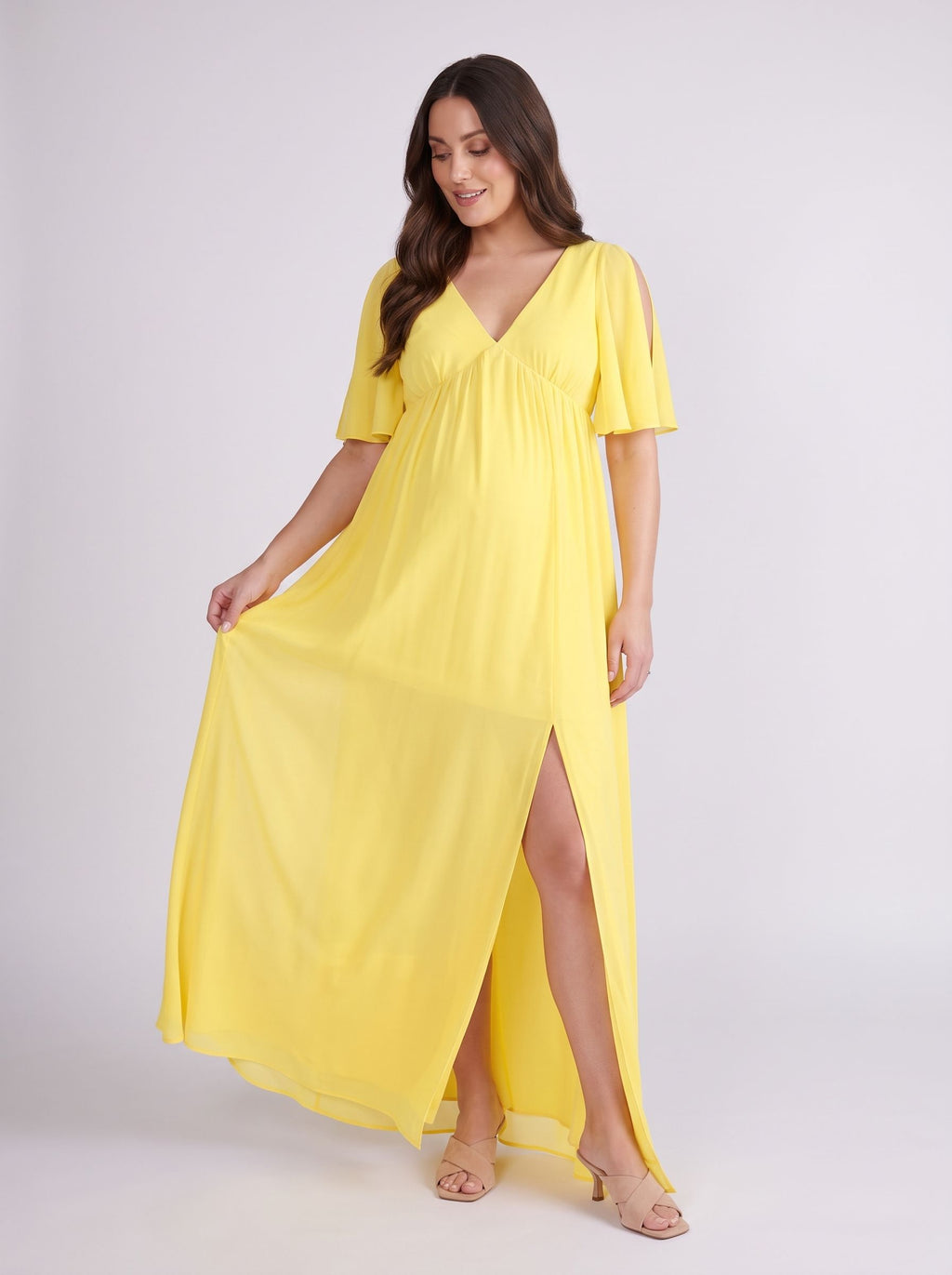 Lemon Chiffon A-Line V-Neck V-Back Ankle-Length Maternity Bridesmaid Dress